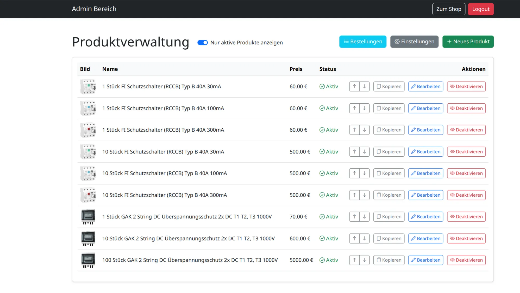 Easyshop Adminbereich Produktübersicht